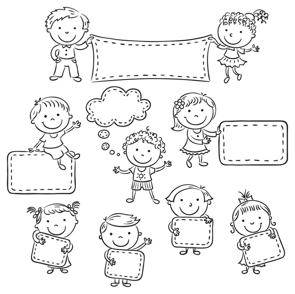 Kids with Blank Signs, black and white outline — Stock Vector