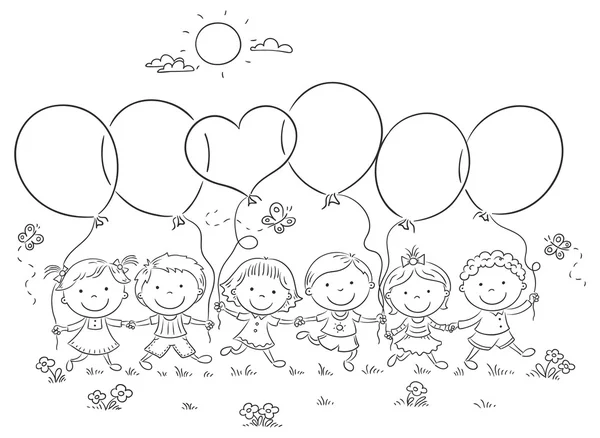 Kids with Balloons Outline — Stock Vector
