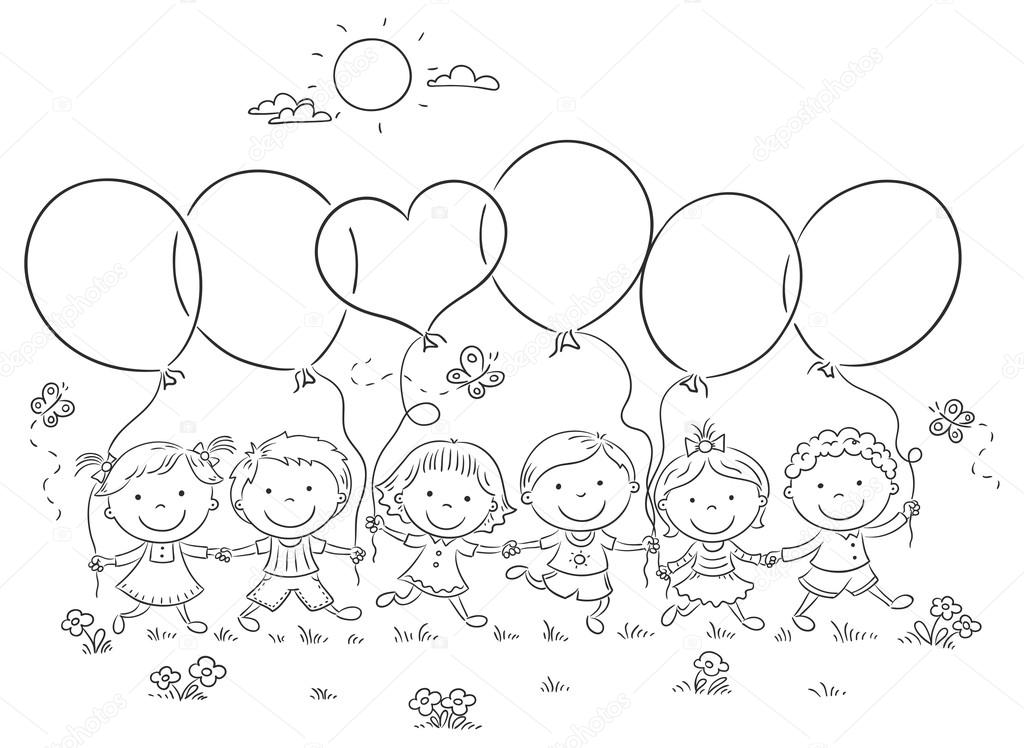 Kids with Balloons Outline