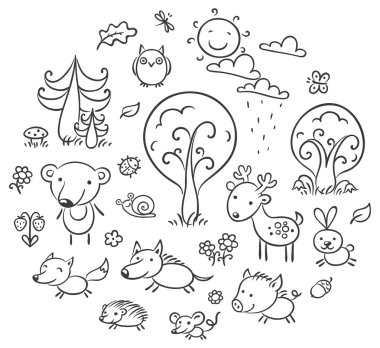 Cartoon Forest Set, Black and White vector Cartoon Forest Set, Black and White vector
