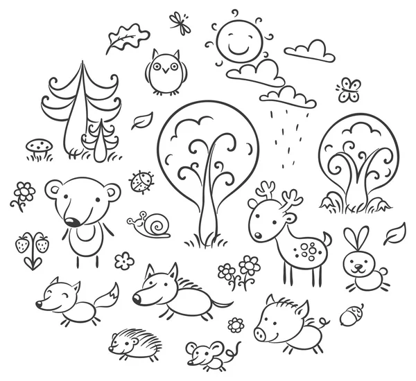 Conjunto de bosque de dibujos animados, blanco y negro — Vector de stock