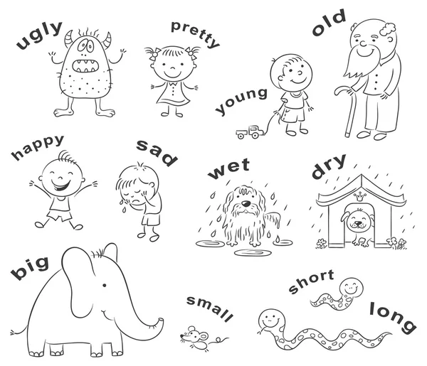 Antónimos Dibujos Animados, Blanco y Negro — Vector de stock