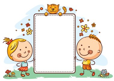 Cartoon kids with a frame with copy space