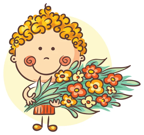 Niño con un gran ramo de flores — Vector de stock