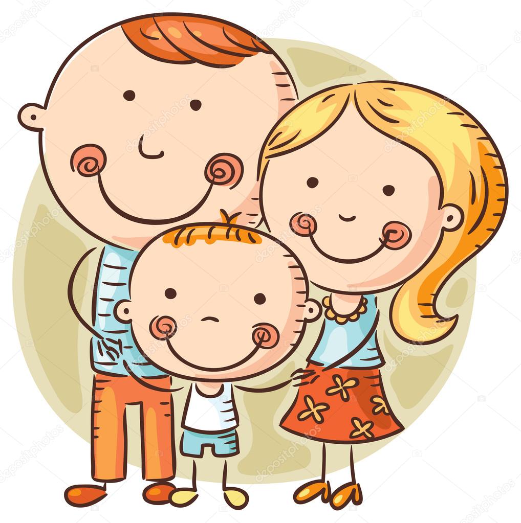 Happy cartoon family with one child
