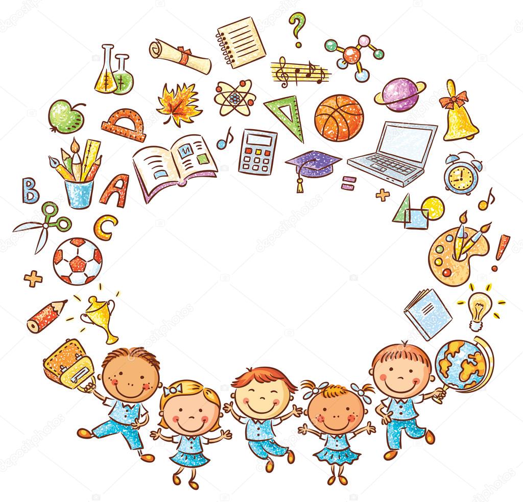 Happy schoolkids with a lot of school things as a frame with a copy space