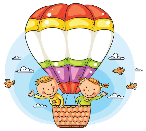 Niños de dibujos animados viajando por aire con espacio de copia a través del globo — Vector de stock