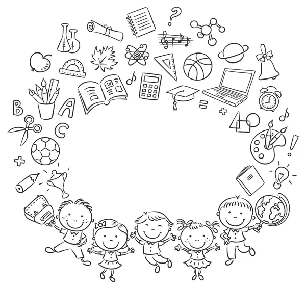 Happy school kids with a lot of school things as a frame with a copy space - Stok Vektor