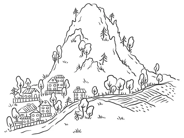 Ciudad de dibujos animados al pie de la montaña — Vector de stock