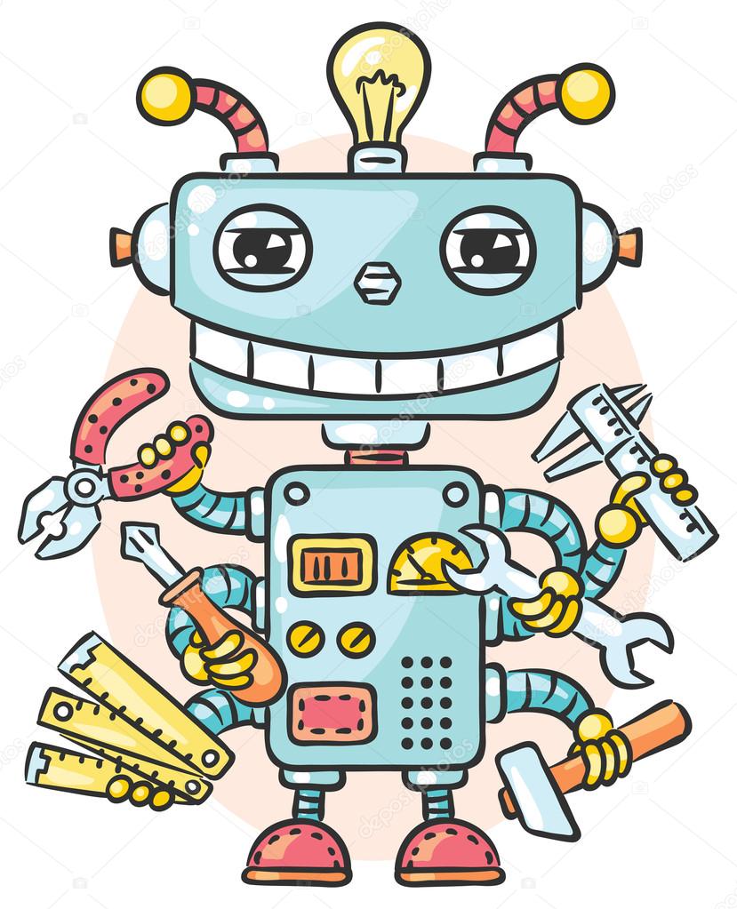 Cute robot with six hands holding different working tools