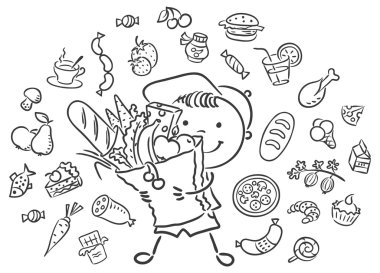 Happy child with a big bag full of food and isolated food set clipart
