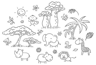 Set of cartoon exotic African animals and plants vector