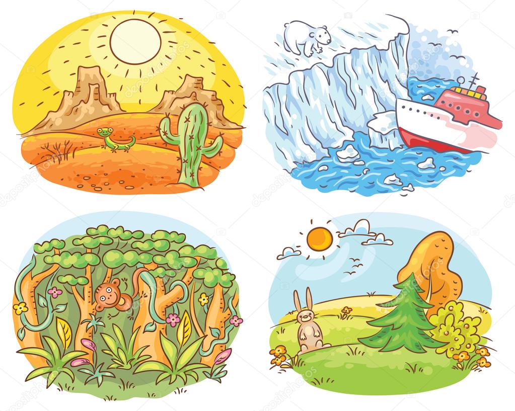 Illustration de Ensemble de quatre zones climatiques différentes désert, Arctique, jungle et