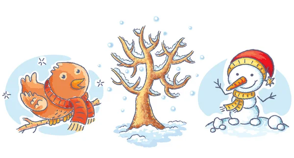 Conjunto de elementos de dibujos animados de invierno - árbol, pájaro y muñeco de nieve — Archivo Imágenes Vectoriales