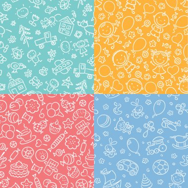 Set of simple monochrome seamless patterns with kids, sweets, toys