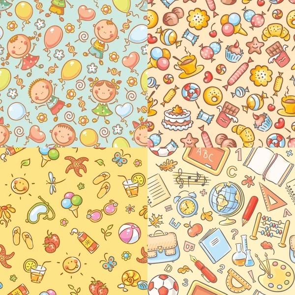 Ensemble de motifs colorés sans couture avec enfants, bonbons, été, choses scolaires — Image vectorielle