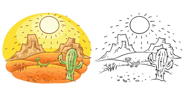Мультяшна ящірка і кактус в пустелі, мультяшний малюнок, як кольоровий, так і чорно-білий — стоковий вектор