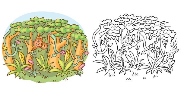 Glücklicher Zeichentrickaffe im Dschungel, Zeichentrickzeichnung, sowohl farbig als auch schwarz-weiß — Stockvektor