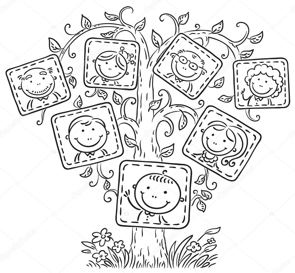 Family tree in pictures, black and white outline