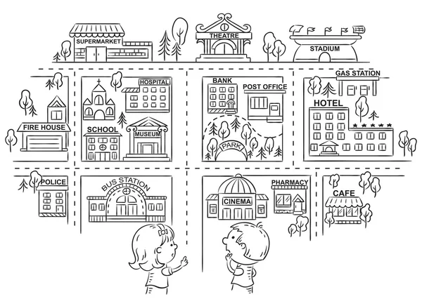 Kinderen vragen en vertellen de manier om verschillende stad gebouwen, zwart-witprinter overzicht — Stockvector
