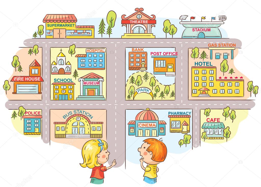 Children asking and telling the way to different city buildings, colorful cartoon