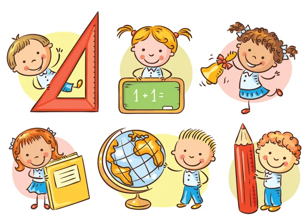 Conjunto de niños de la escuela de dibujos animados sosteniendo diferentes objetos escolares — Vector de stock