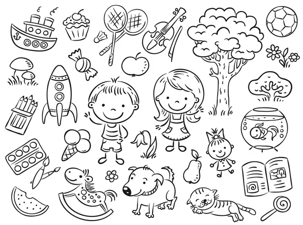 Doodle σύνολο αντικειμένων από τη ζωή ενός παιδιού — Διανυσματικό Αρχείο