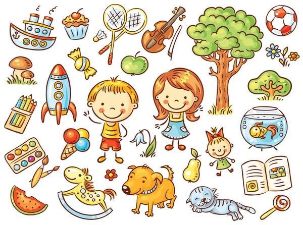 Kolorowe doodle zbiór przedmiotów z życia dziecka — Wektor stockowy