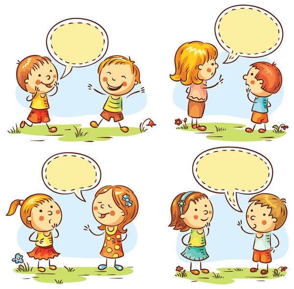 Happy kids talking and showing different emotions, set of four scenes with speech bubbles — Stock Vector
