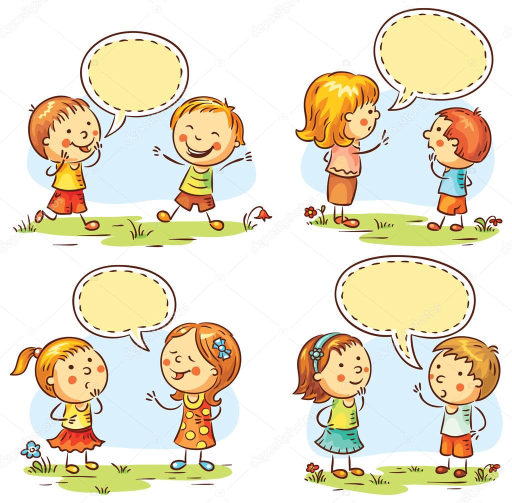 Happy doodle kids in a row with speech bubbles