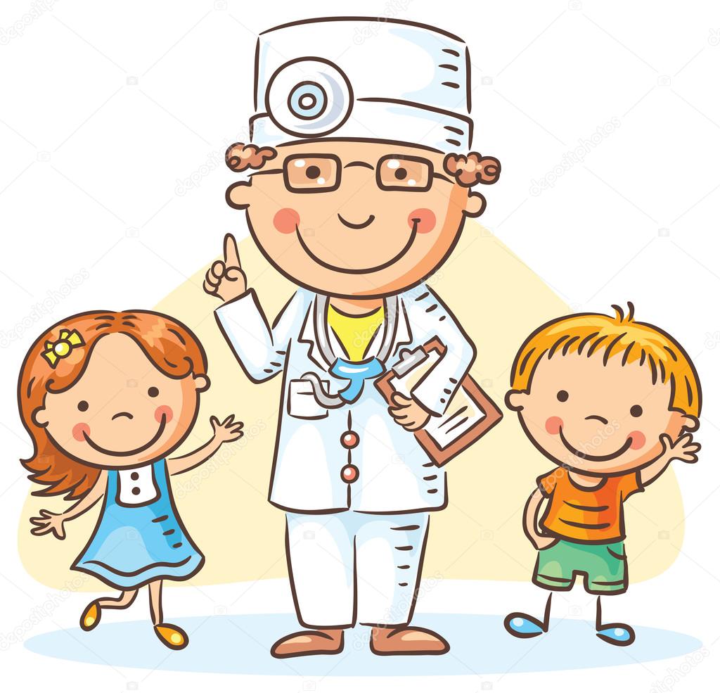 Cartoon doctor with happy little children, a boy and a girl