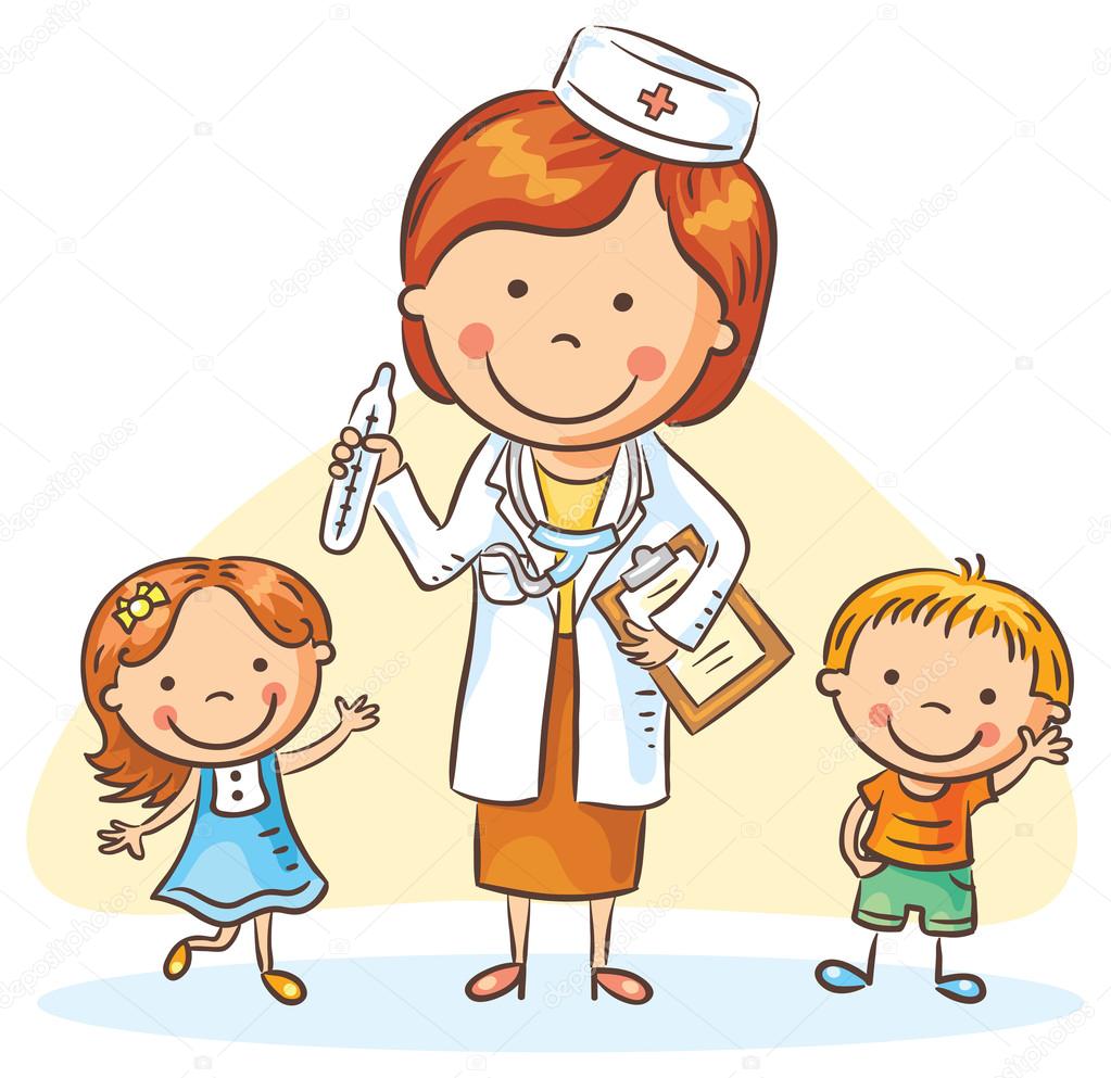 Cartoon doctor with happy little children, boy and girl