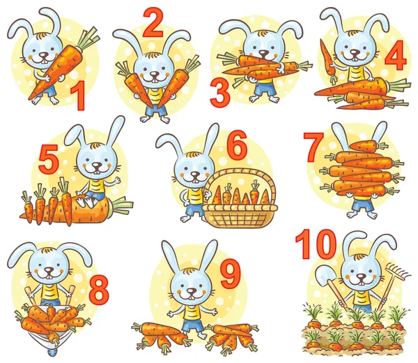 Zahlen in Bildern, Kaninchen und seine Möhren — Stockvektor