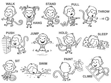 Verbs of action in pictures, cute monkey character, black and white outline clipart