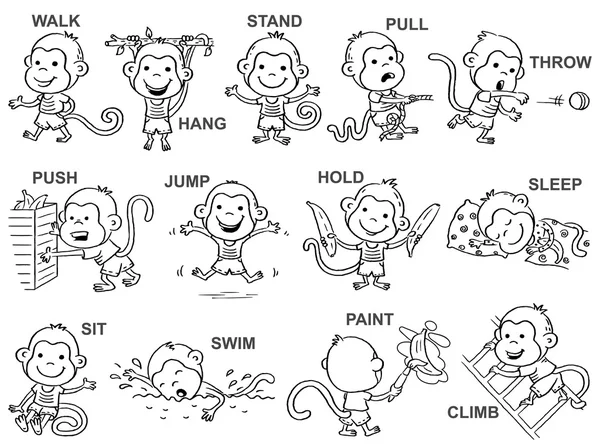 Verbs of action in pictures, cute monkey character, black and white outline Royalty Free Stock Illustrations