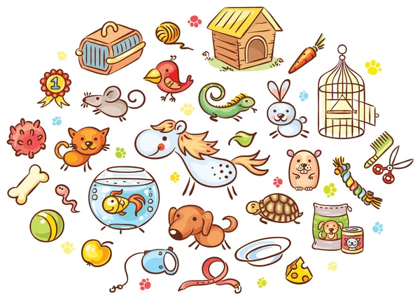 Conjunto de coloridos animales de dibujos animados con accesorios, juguetes y comida — Vector de stock