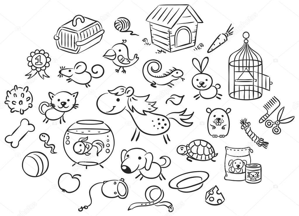 Set of black and white cartoon pet animals with accessories, toys and food