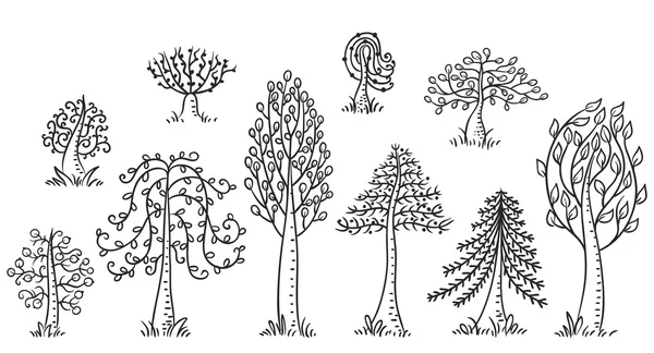 Conjunto de árvores desenhadas à mão, contorno preto e branco — Vetor de Stock