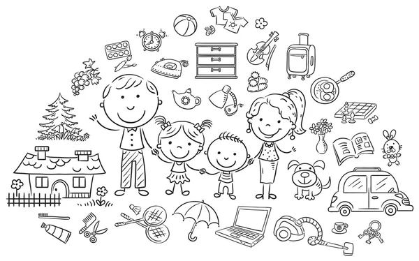 Family life set, black and white outline — Stock Vector