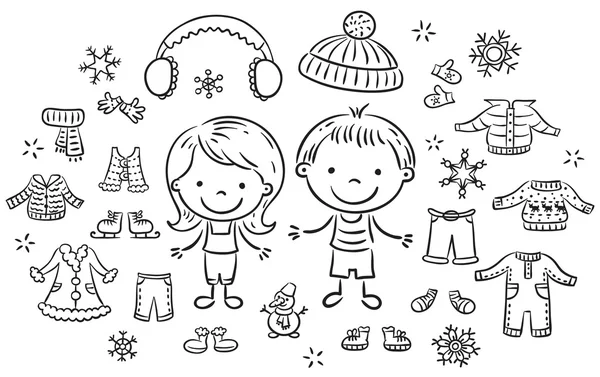 Winter clothes set for a boy and a girl, black and white outline — Stock Vector