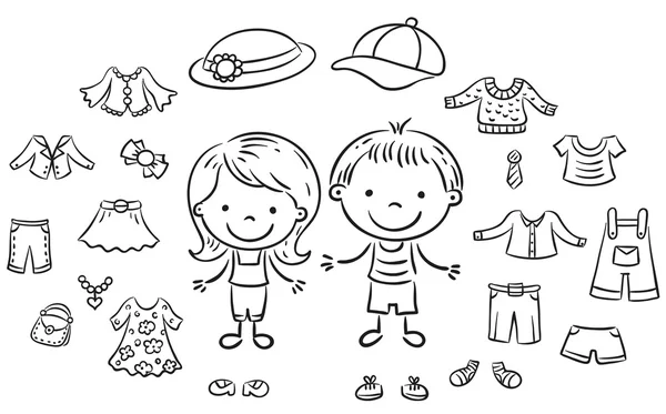 Καλοκαιρινά ρούχα ορίσετε για ένα αγόρι και ένα κορίτσι, μαύρο και άσπρο περίγραμμα — Διανυσματικό Αρχείο