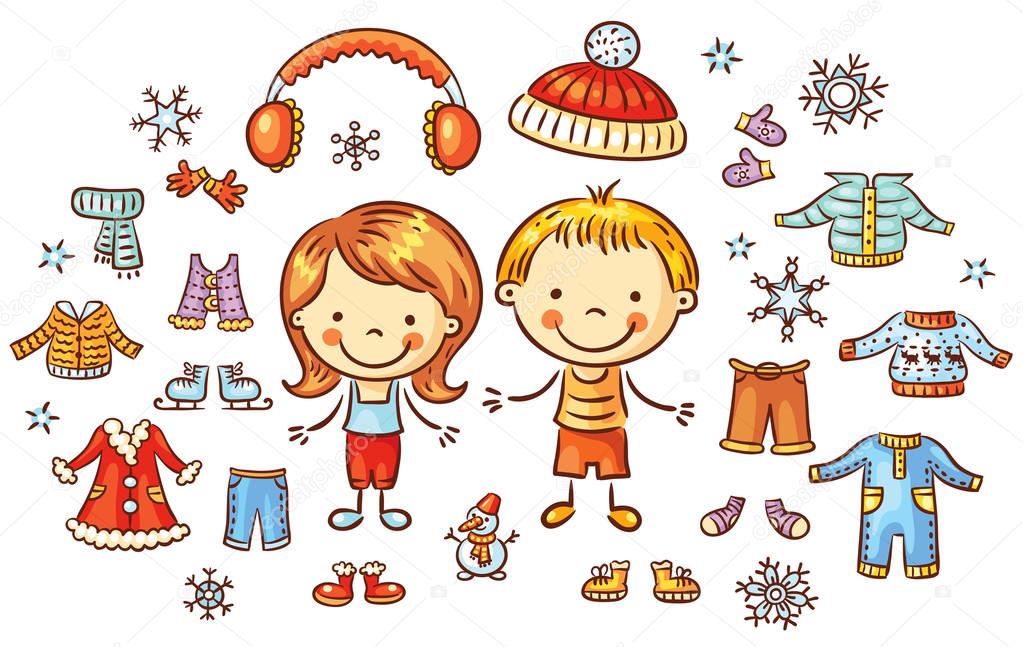 Winter clothes set for a boy and a girl, items can be put on