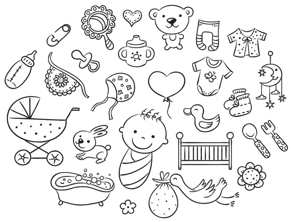 Cartoon baby set, black and white outline — Stock Vector