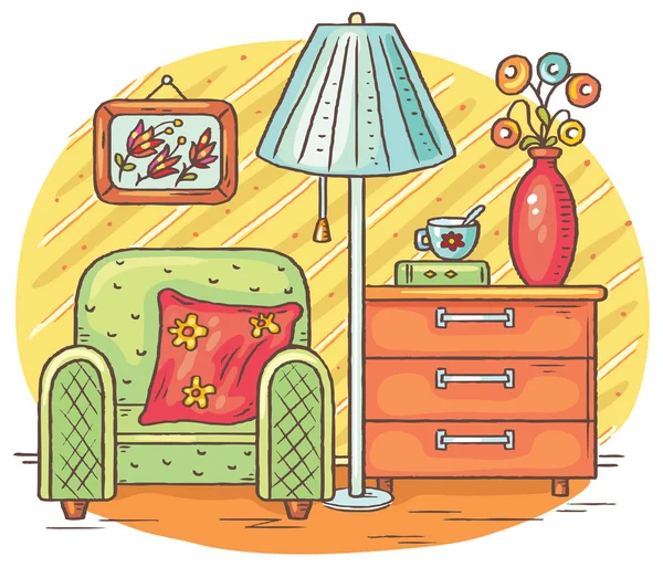 Dibujo interior con sillón, lámpara y cómoda — Vector de stock