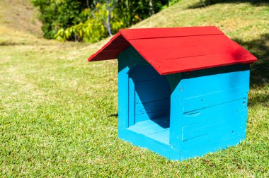 Tahta köpek evi 2 renge boyanmış, ahşap ev kırmızı ve mavi renge boyanmış.