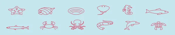 様々なモデルの海の動物の漫画のアイコンデザインテンプレートのセット 青い背景のベクトル図は — ストックベクタ