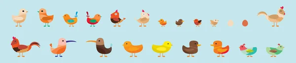 様々なモデルの鳥の漫画のアイコンデザインテンプレートのセット 青い背景のベクトル図は — ストックベクタ