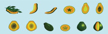 Çeşitli modellerle papaya karikatür dizayn şablonu. Mavi arkaplanda izole edilmiş vektör illüstrasyonu