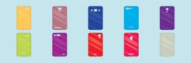 Akıllı telefon için telefon kılıfı çeşitli modellerle modern çizgi film ikonu tasarımı. Mavi arkaplanda izole edilmiş vektör illüstrasyonu