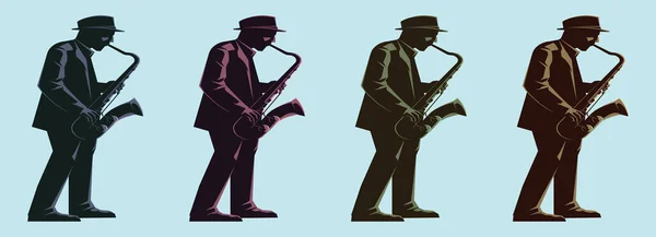 Conjunto Jazz Hombre Está Jugando Saxo Icono Dibujos Animados Plantilla — Vector de stock